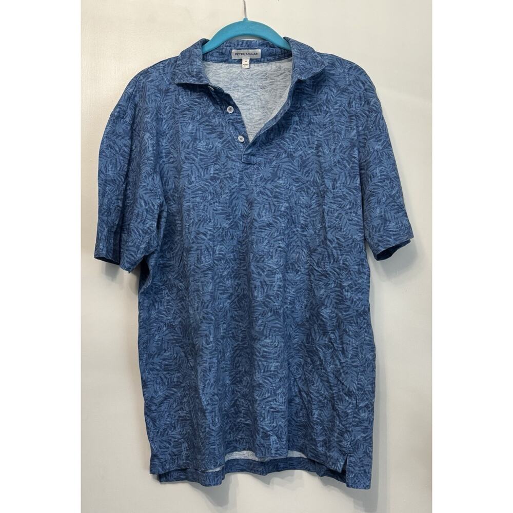 Peter Millar Pilot Mills Palm Printed Indigo Blue Polo Shirt MS23K56 Mens Medium
